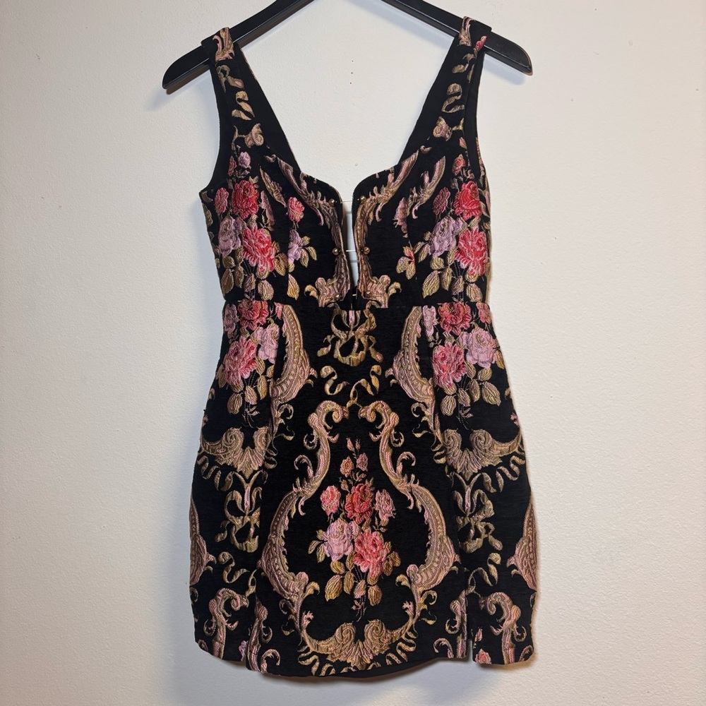 For Love & Lemons Black Floral Jacquard Mini Dress Baroque S